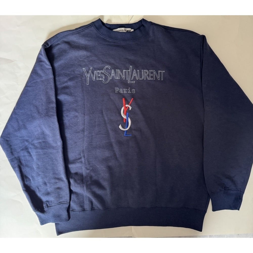 Vintage YSL Yves Saint Laurent Sweatshirt Men's Size XL Blue Embroidered Logo